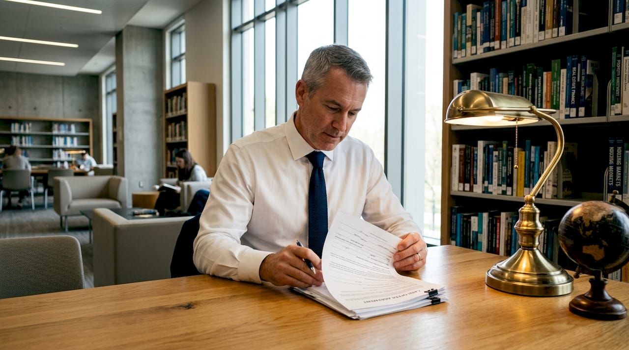 Man reviewing cash offer documents at an office desk