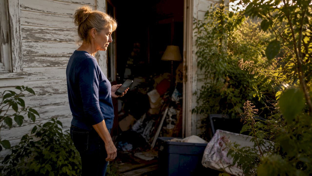Homeowner reviewing a cash offer at a hoarder house