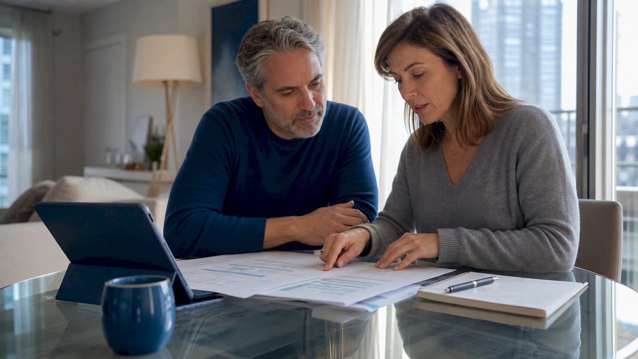 Couple reviewing papers for a FSBO home sale