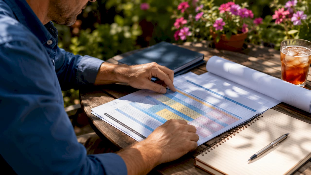 Hands pointing at a renovation cost breakdown spreadsheet