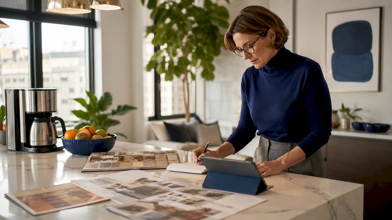 Woman reviewing home renovation budgets at a kitchen table