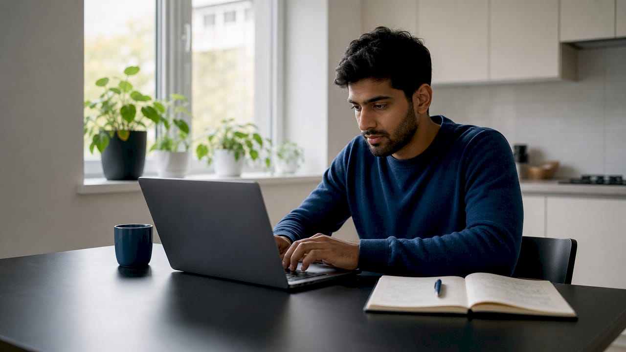 Man creating a digital home listing on a laptop