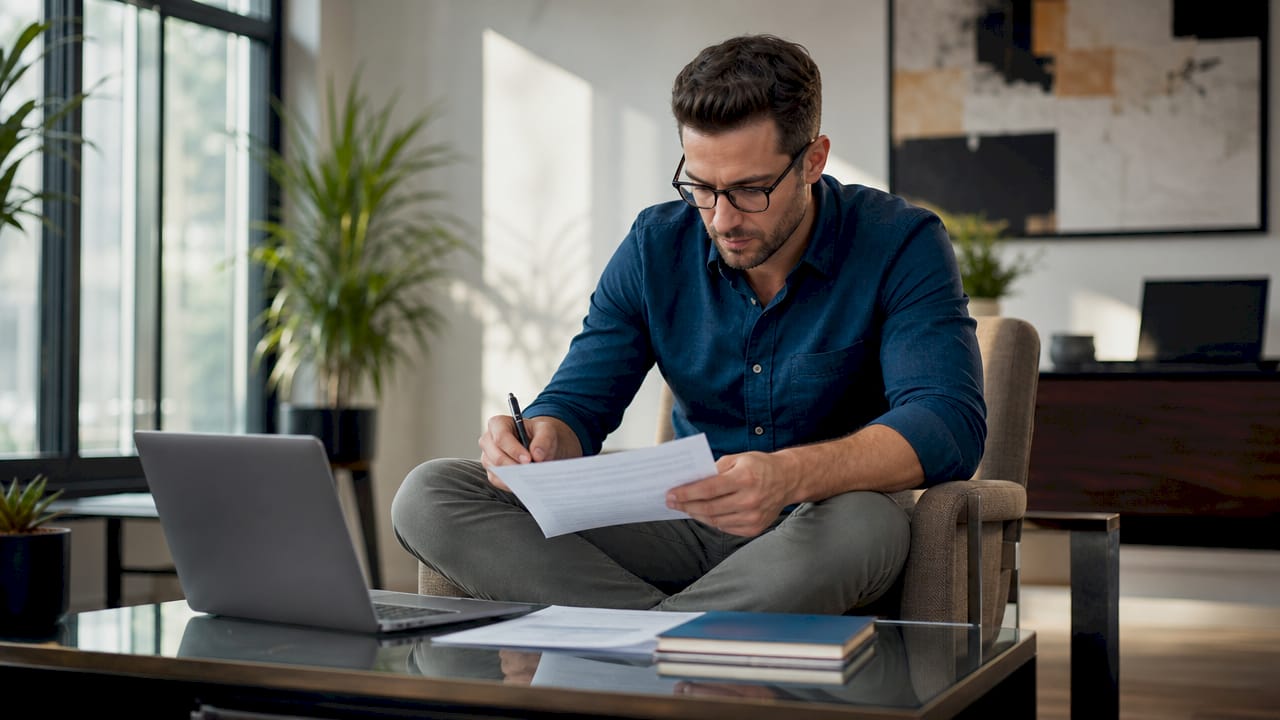 Real estate investor reviewing home sale documents at a table