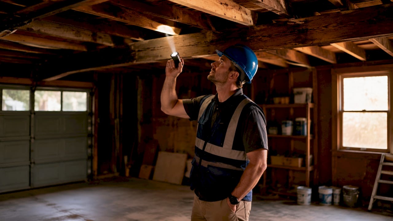 Home inspector examining the foundation of an as-is house exterior