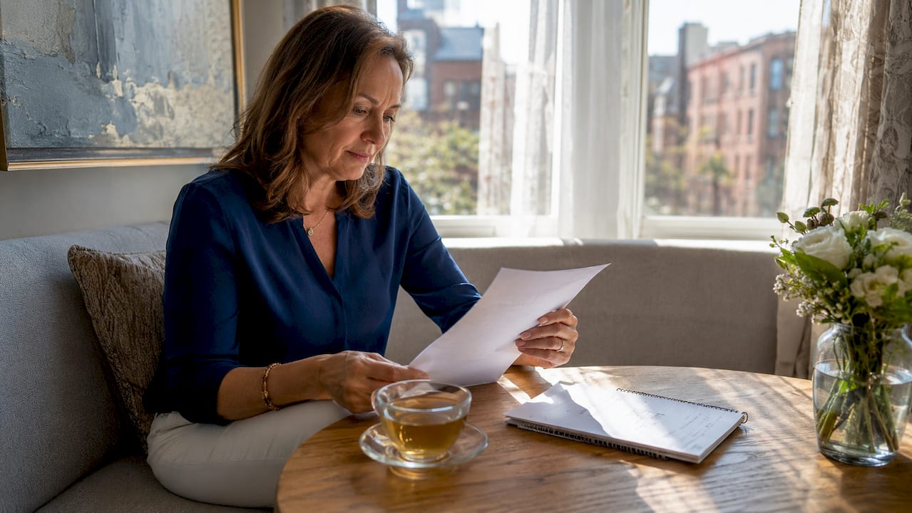 Woman reviewing an as-is property sale contract at a kitchen table