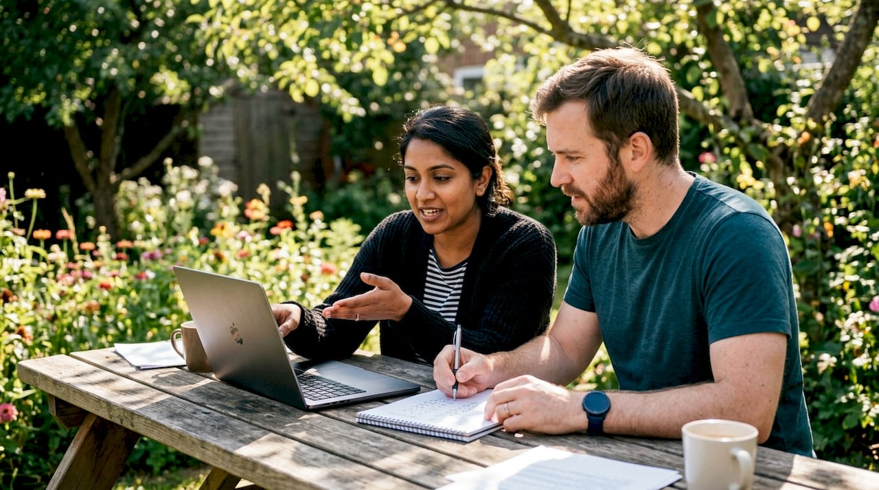 Couple discussing financial plans after a home sale
