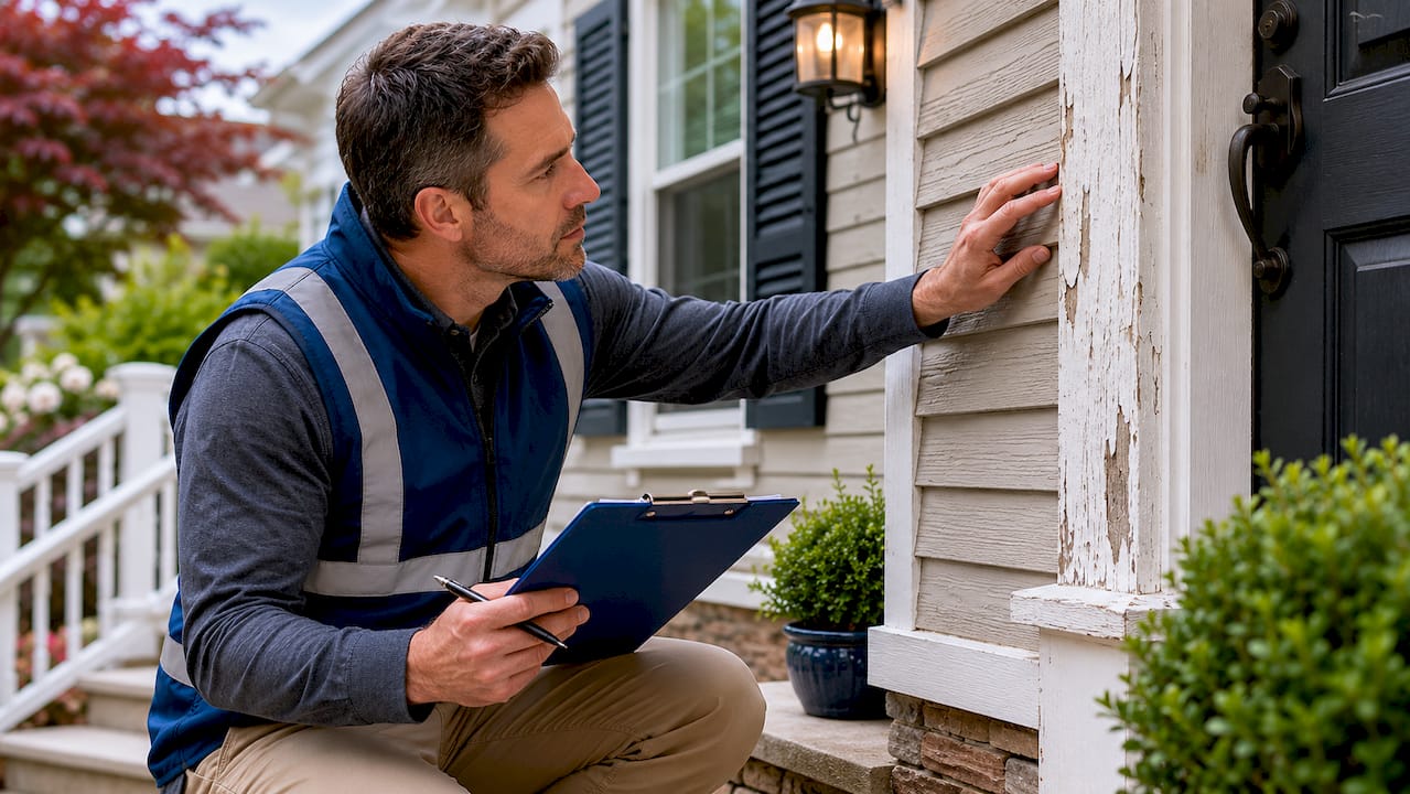 Home inspector examining a house exterior with a clipboard