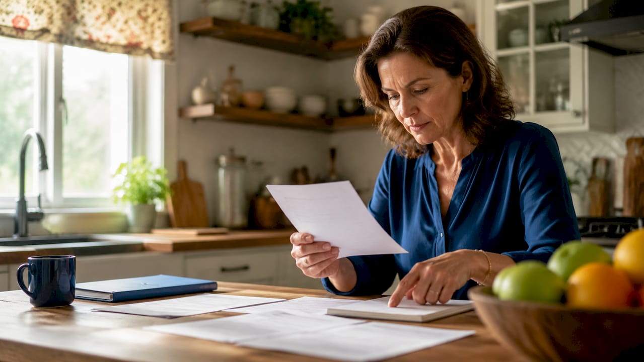 Homeowner reviewing home selling offers at a kitchen table
